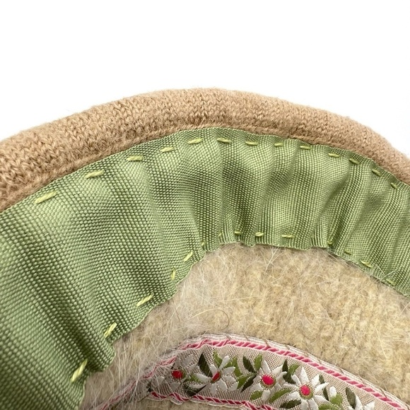 Handcrafted Felted Wool Hat Cloche / Bonnet Flora & Fauna Tan Ecru Flowers Blue - Picture 10 of 11
